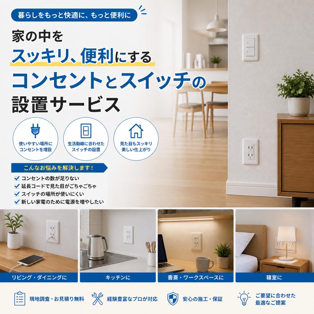 家の中をスッキリ、便利にするコンセントとスイッチの設置サービス